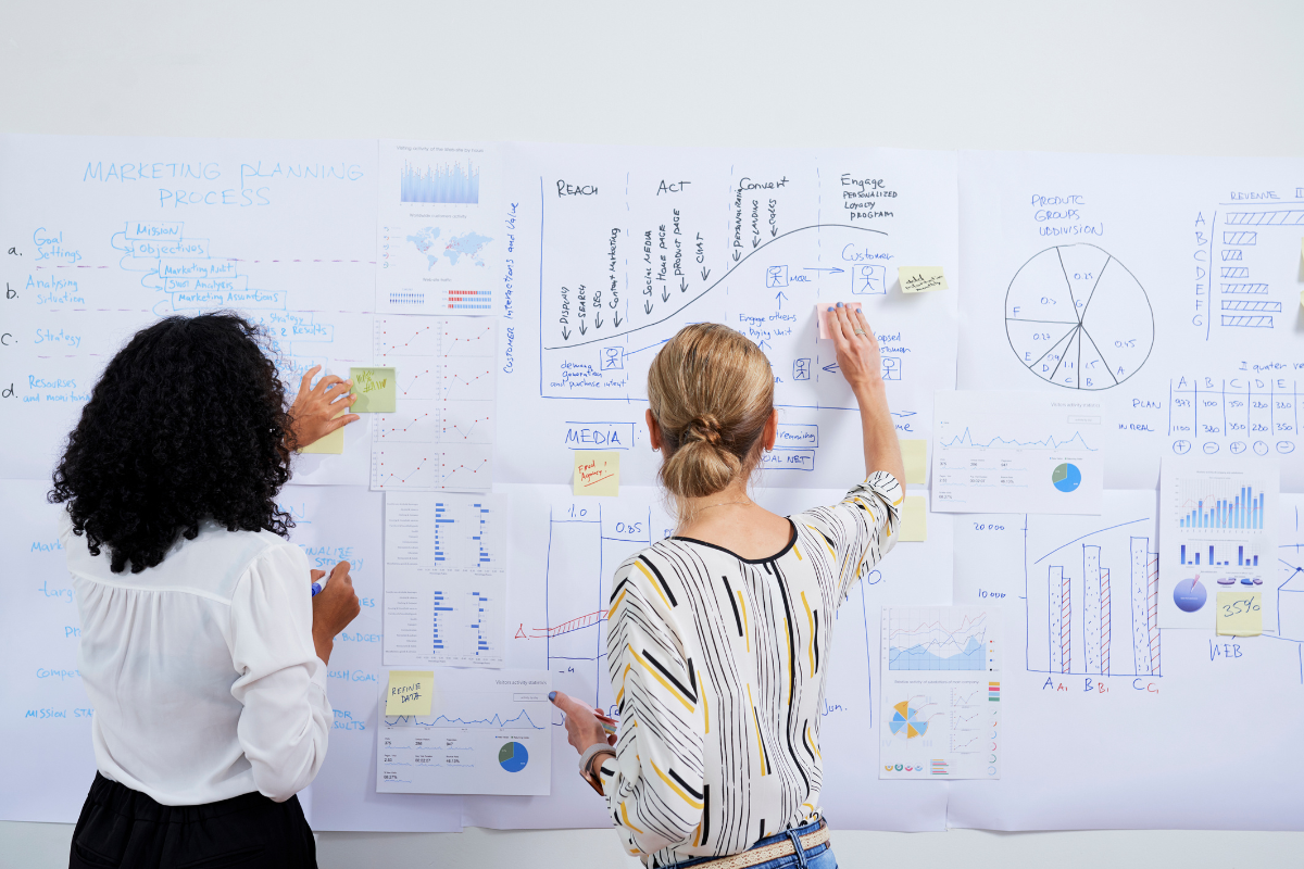 two women working on a whiteboard